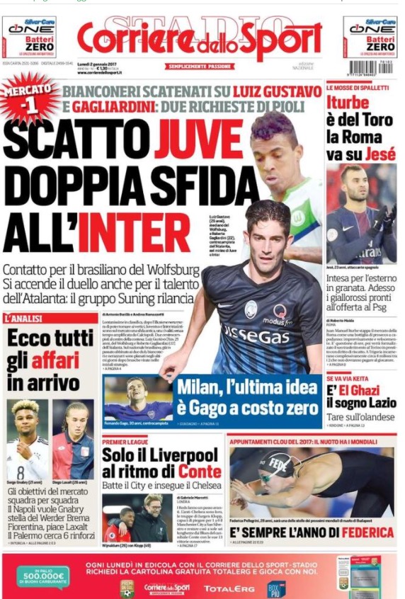 Prima pagina Corriere Dello Sport 2 Gennaio 2017