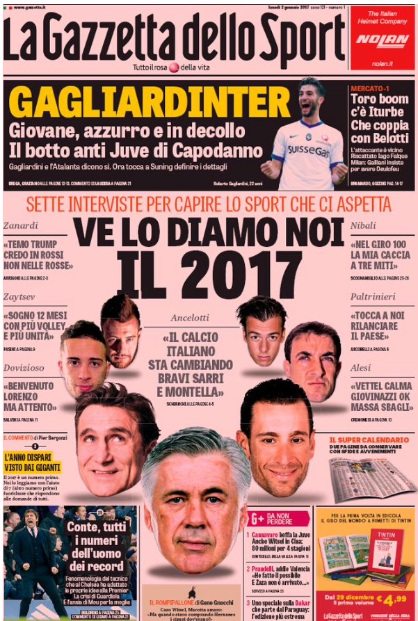 Prima pagina Gazzetta Dello Sport 2 Gennaio 2017