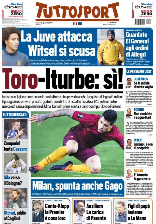 Prima pagina Tuttosport 2 Gennaio 2017