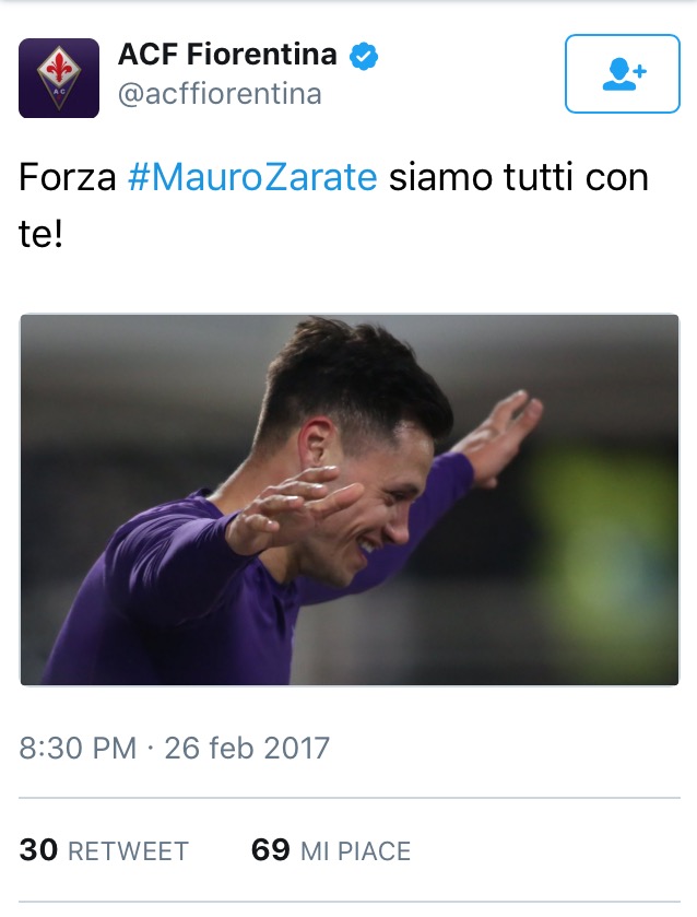 Il Tweet della Fiorentina per Mauro Zarate
