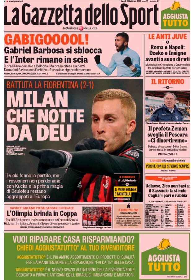 Gazzetta Dello Sport 20 Febbraio 2017