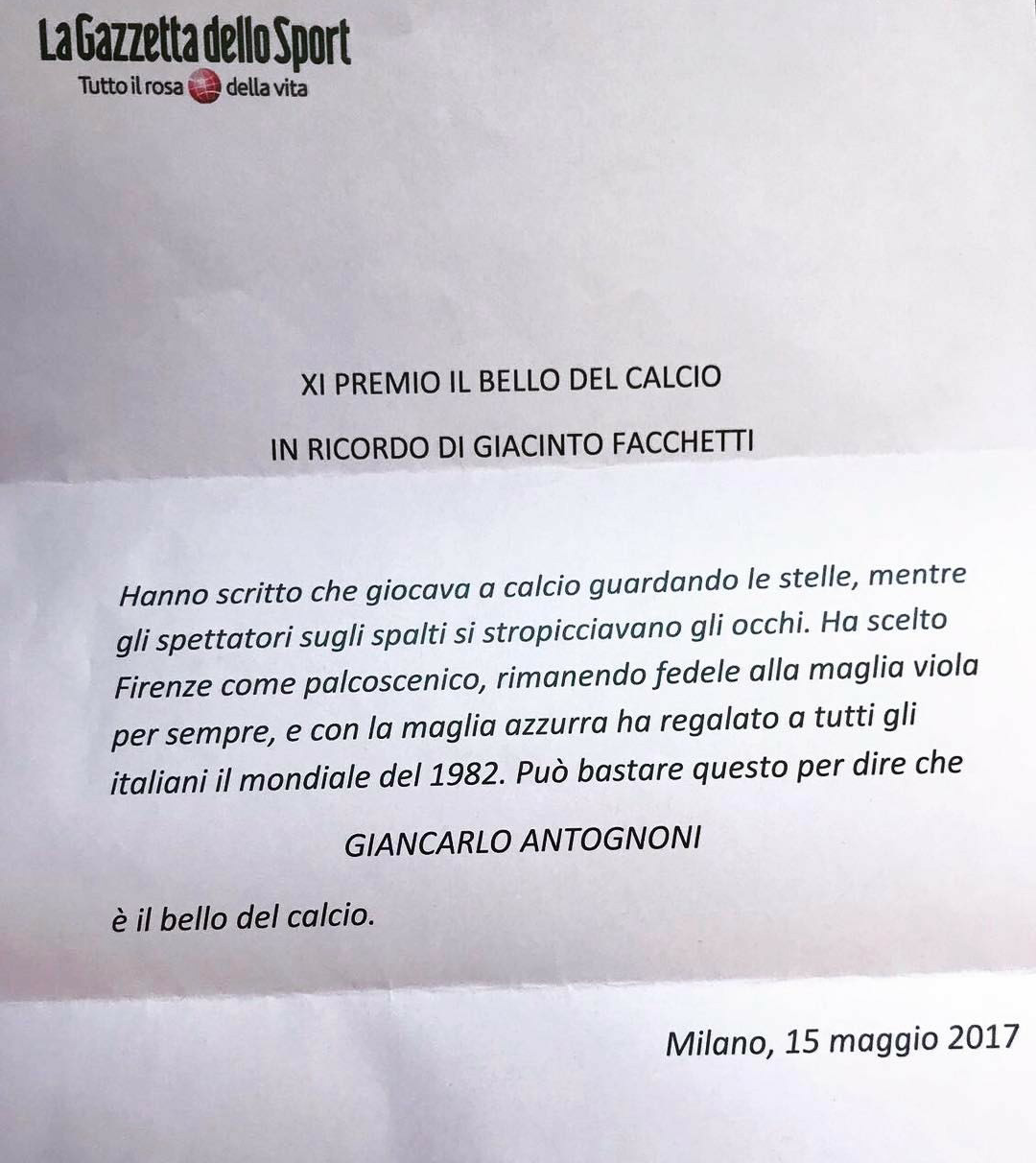 La lettera che La Gazzetta dello Sport ha dedicato e inviato a Giancarlo Antognoni