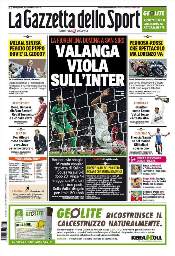 La prima pagina della Gazzetta dello Sport dopo la clamorosa vittoria della Fiorentina a San Siro contro l'Inter prima in classifica