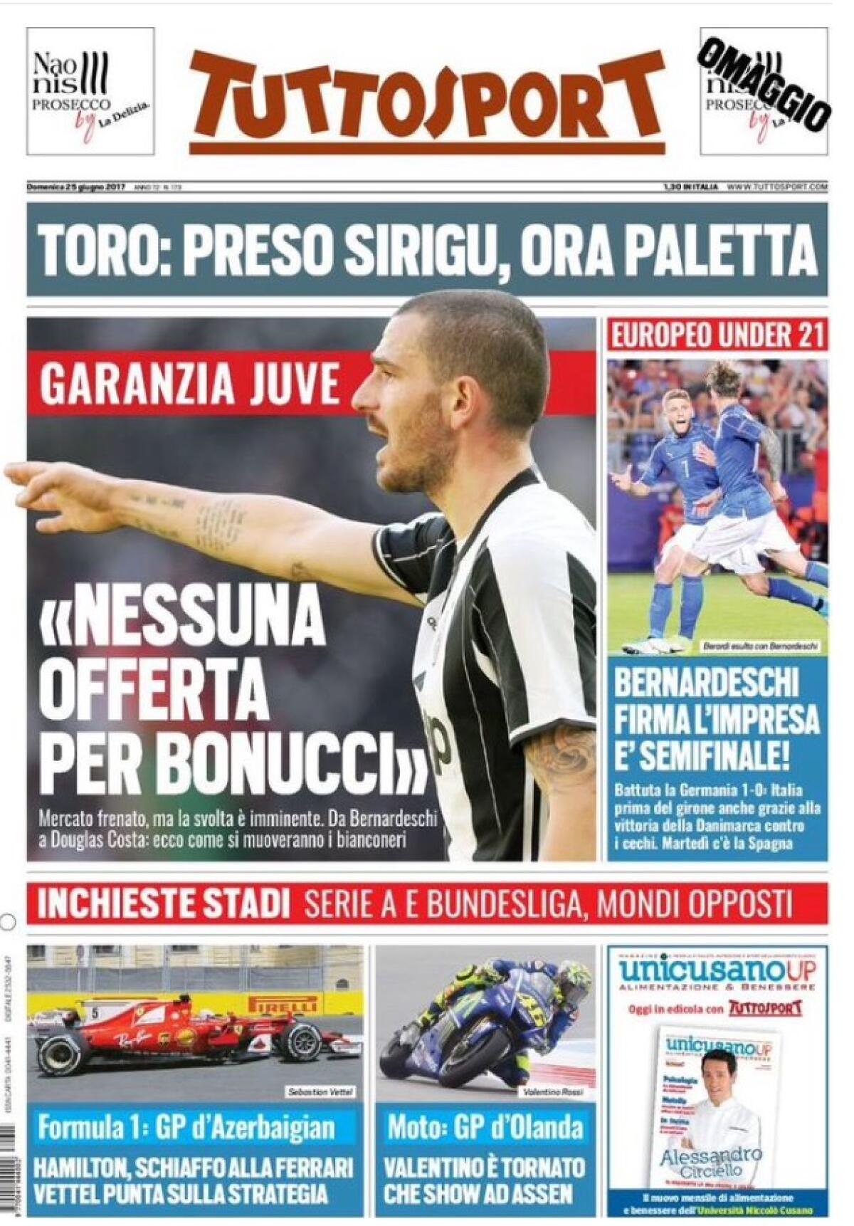 "Bernardeschi firma l'impresa, è semifinale" così titola TuttoSport oggi 25 Giugno 2017 - TuttoSport 25 Giugno 2017