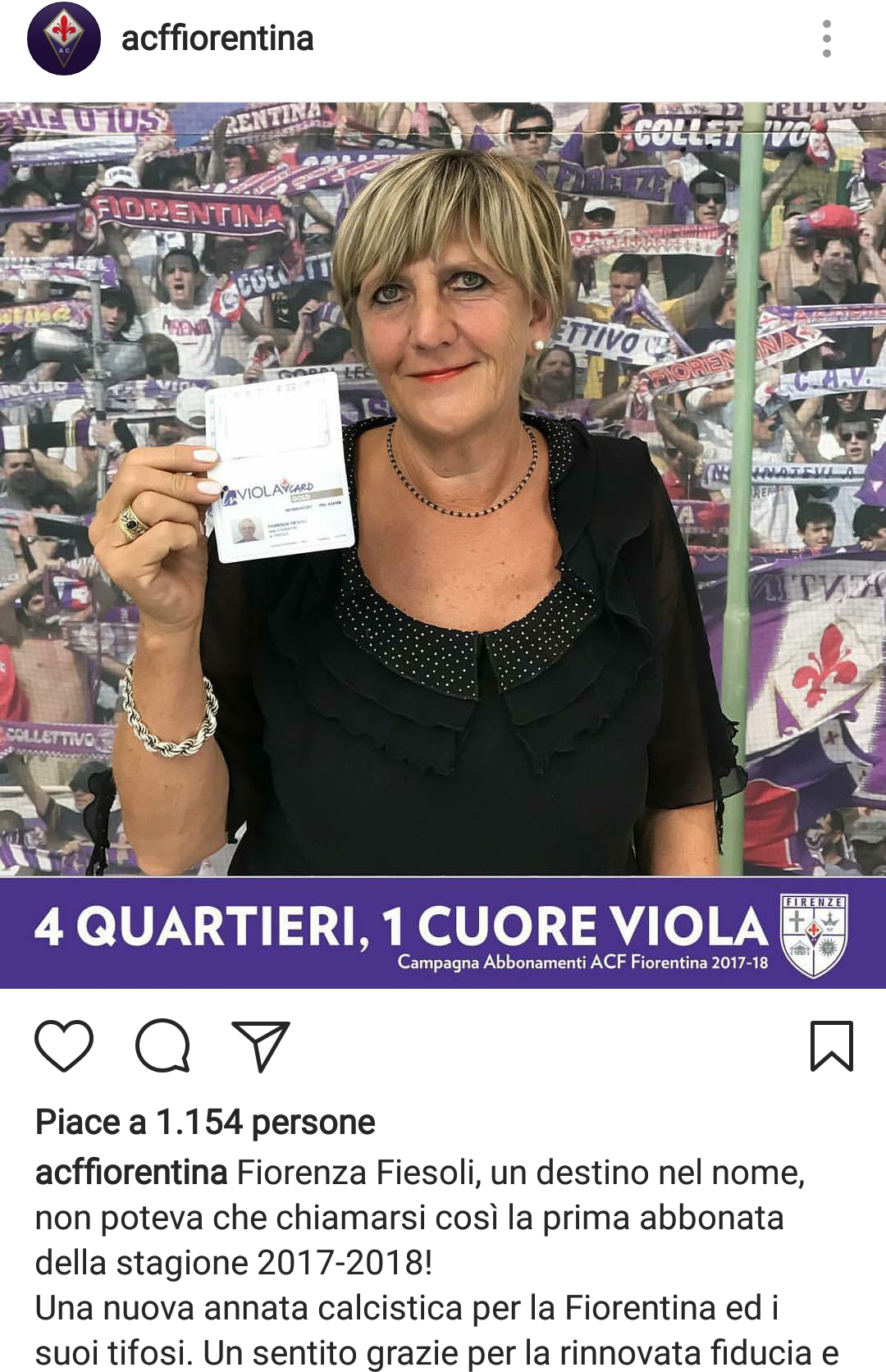 Il post sul Instagram della Fiorentina con la prima abbonata