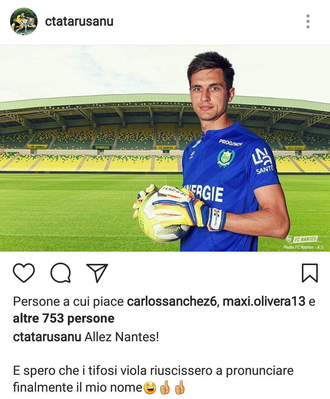 Il post su instagram di Tatarusanu