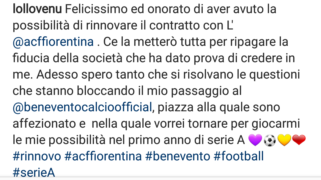 Questo il messaggio di Lorenzo Venuti su Instagram