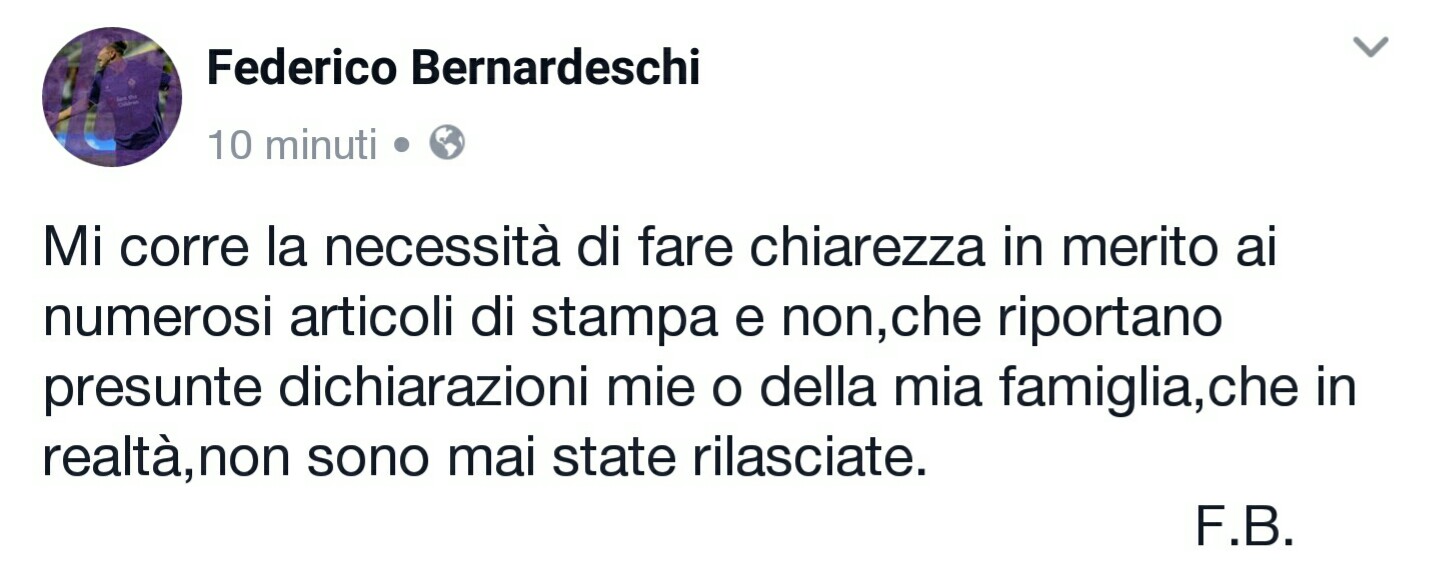 Bernardeschi su Facebook: "Nessuno della mia famiglia ha mai detto nulla. Tutte invenzioni.."
