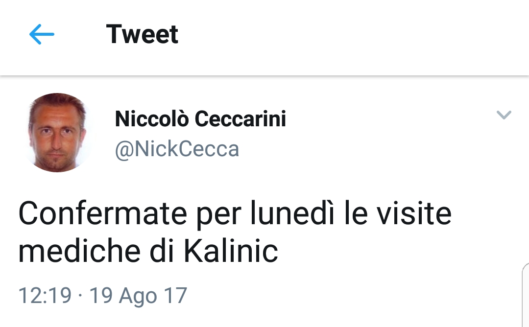 Il tweet di Niccolò Ceccarini su Nikola Kalinic
