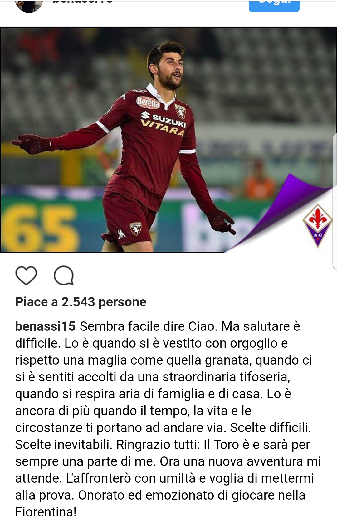 Il post su instagram di Marco Benassi
