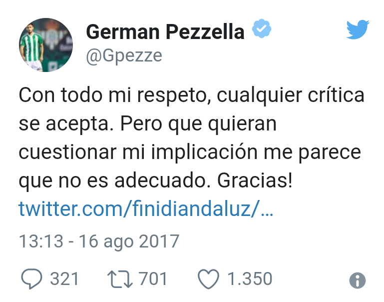 Questo il tweet di German Pezzella