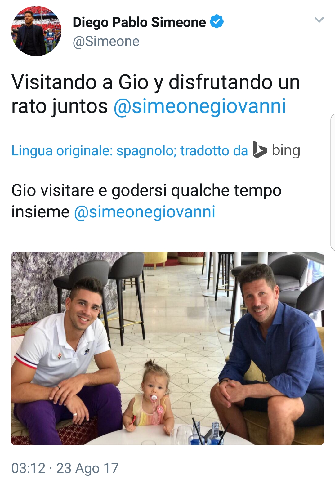 Il post su Twitter di Diego Pablo Simeone