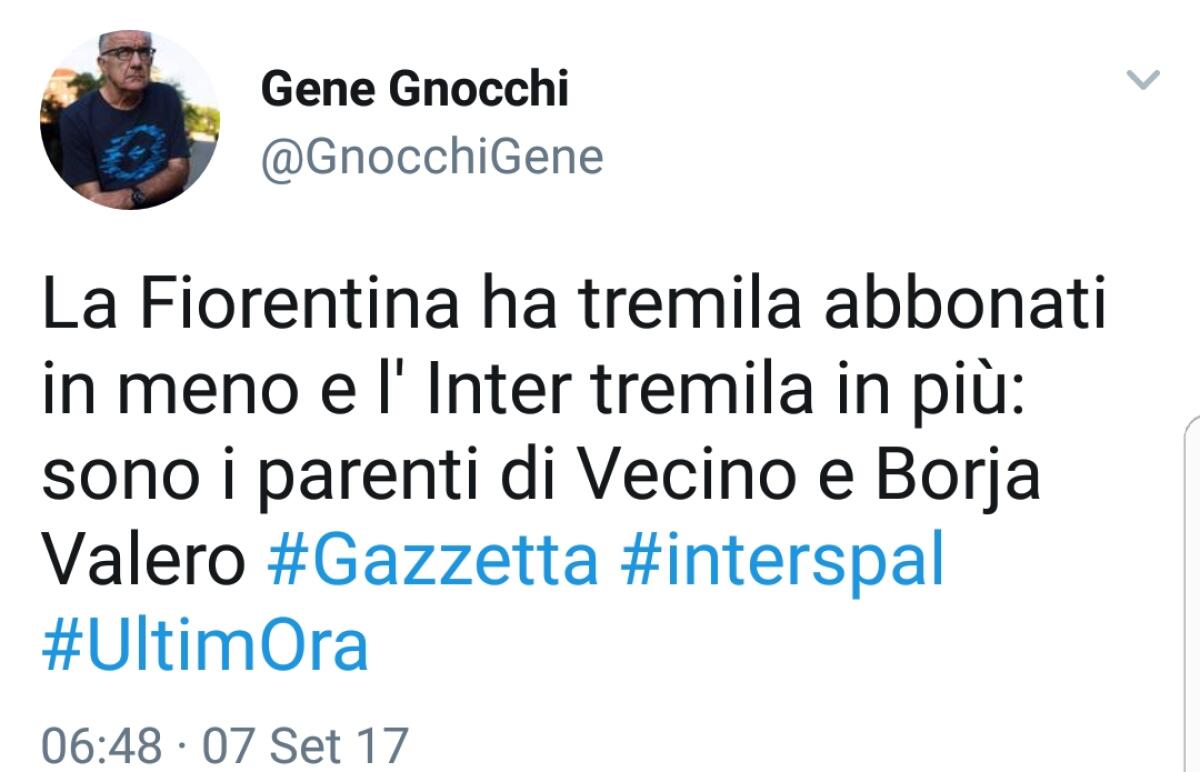Gene Gnocchi scherza sul calo abbonati della Fiorentina: "Colpa di Vecino e Borja Valero" - Il tweet di Gene Gnocchi