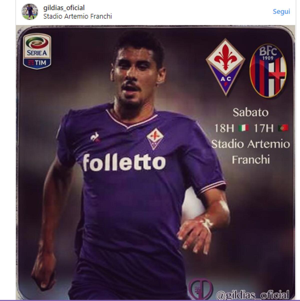 Gil Dias si carica su Instagram in vista di Fiorentina-Bologna - 