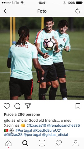 Gil Dias scherza in allenamento con il Portogallo Under 21: la foto su Instagram