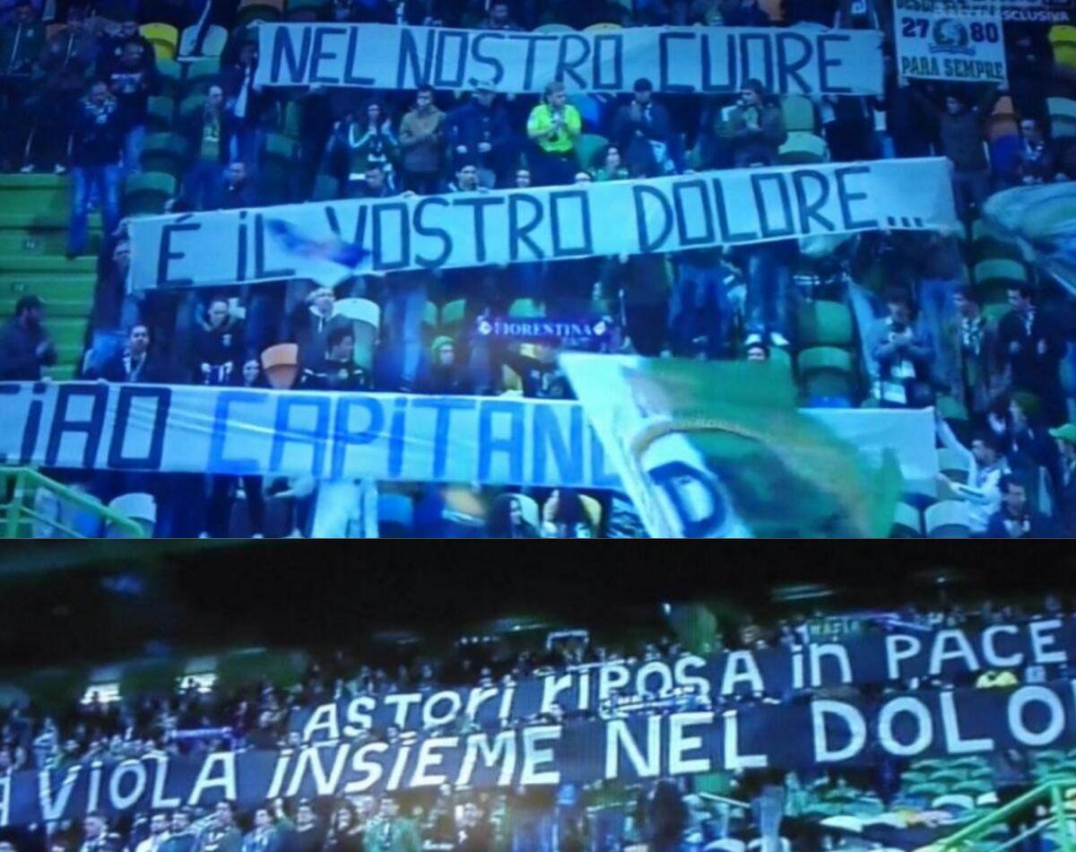 "Nel nostro cuore, il vostro dolore. Ciao capitano! Curva Viola insieme nel dolore" così lo Sporting omaggia la Fiorentina - 