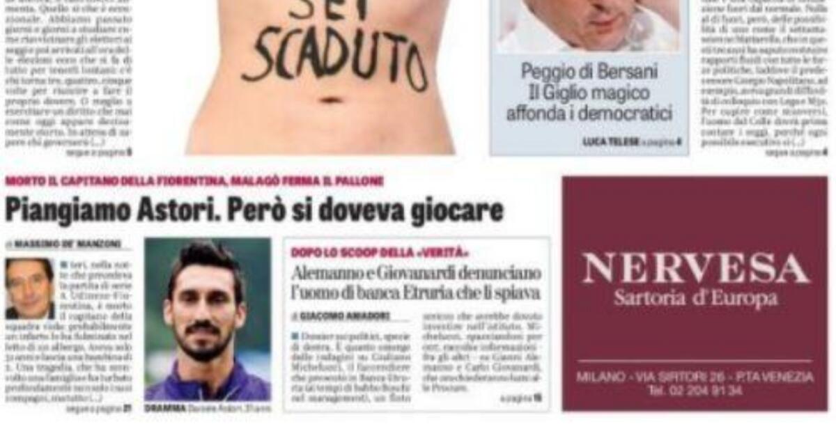 Il quotidiano La Verità sbotta: "Piangiamo Astori ma si doveva giocare'" - 