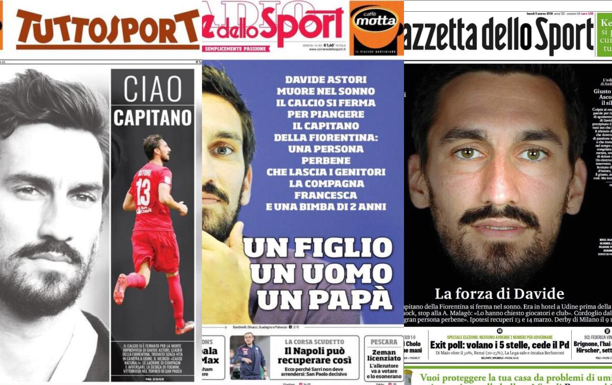 Così la stampa sportiva omaggia Davide Astori. Le prime pagine dei quotidiani italiani - 