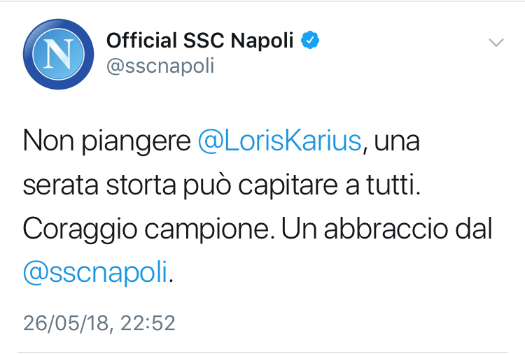 Napoli su Twitter: “Coraggio Karius una serata storta può capitare. Un abbraccio”