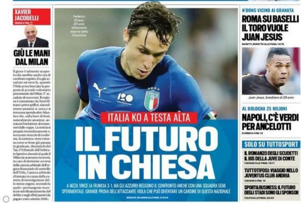 Tuttosport celebra Chiesa in prima pagina: "È il futuro della Nazionale, migliore in campo ieri" - 