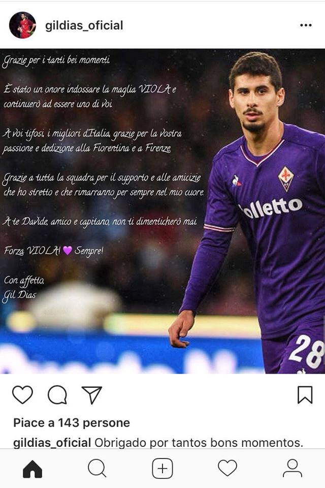 Gil Dias saluta commosso: "Grazie per tutti i momenti, non vi dimenticherò mai. Forza viola sempre"