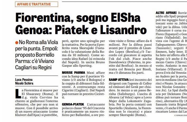 Gazzetta Dello Sport, la Fiorentina su El Shaarawy: no giallorosso. Rafael o Skorupski per la porta