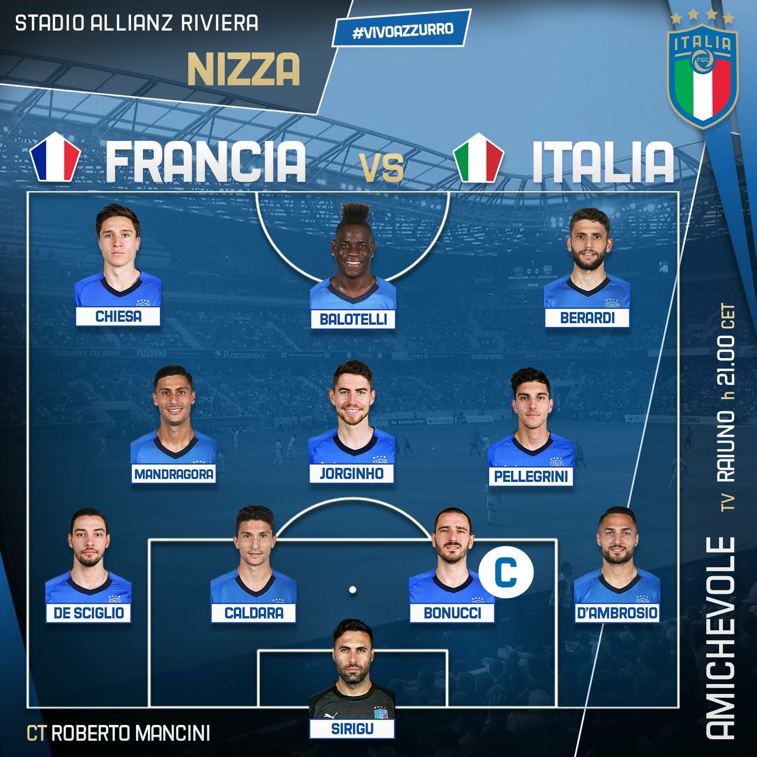 Francia-Italia, formazioni ufficiali: Chiesa titolare con Balotelli e Berardi