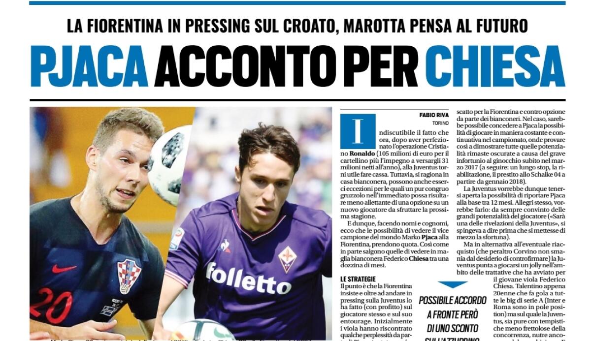Tuttosport, la formula per Pjaca alla Fiorentina sarà il diritto di riscatto, cosi che il prossimo anno per Chiesa... - 