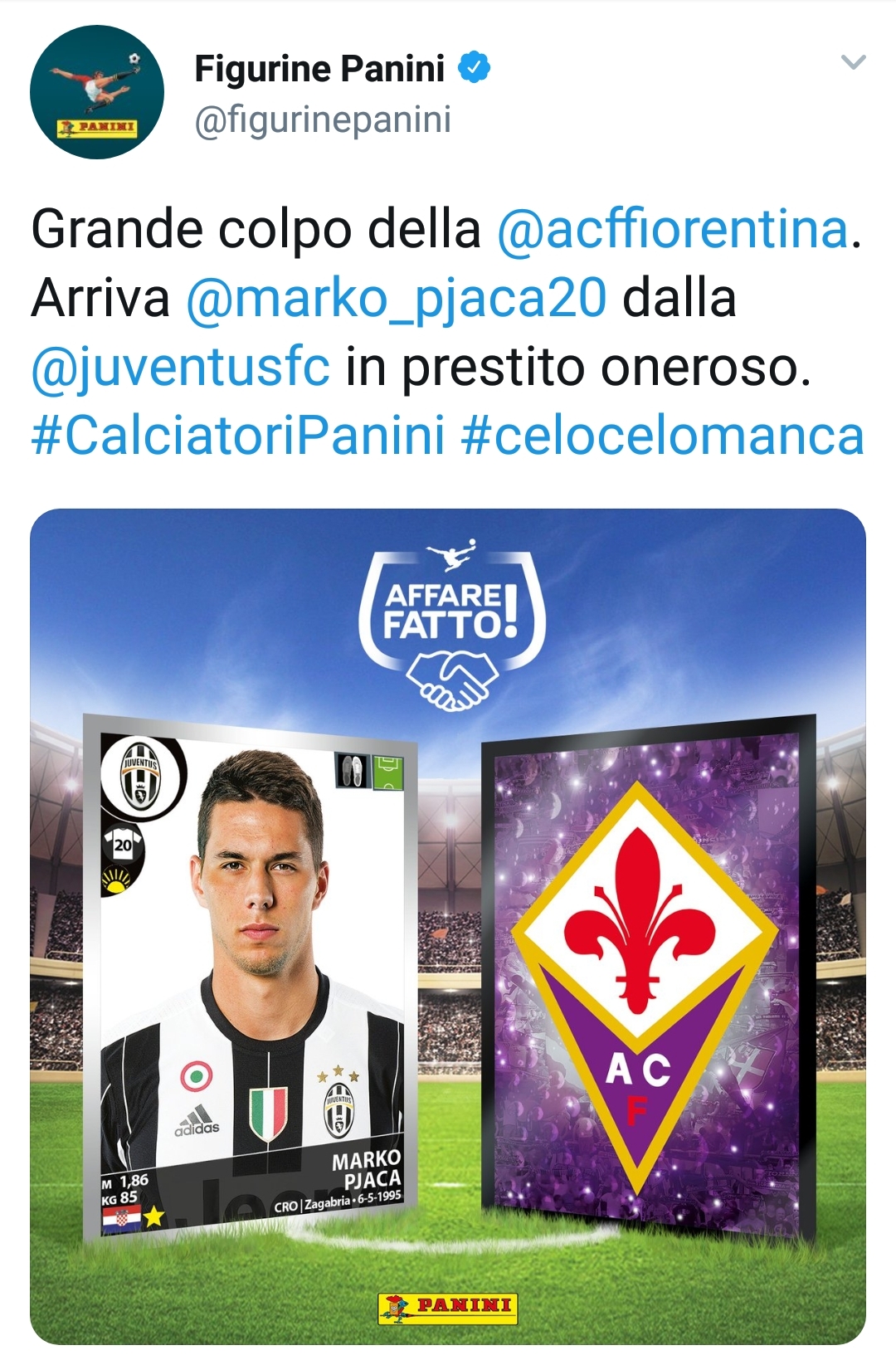 La Panini annuncia il trasferimento di Pjaca alla Fiorentina: "Gran colpo viola"