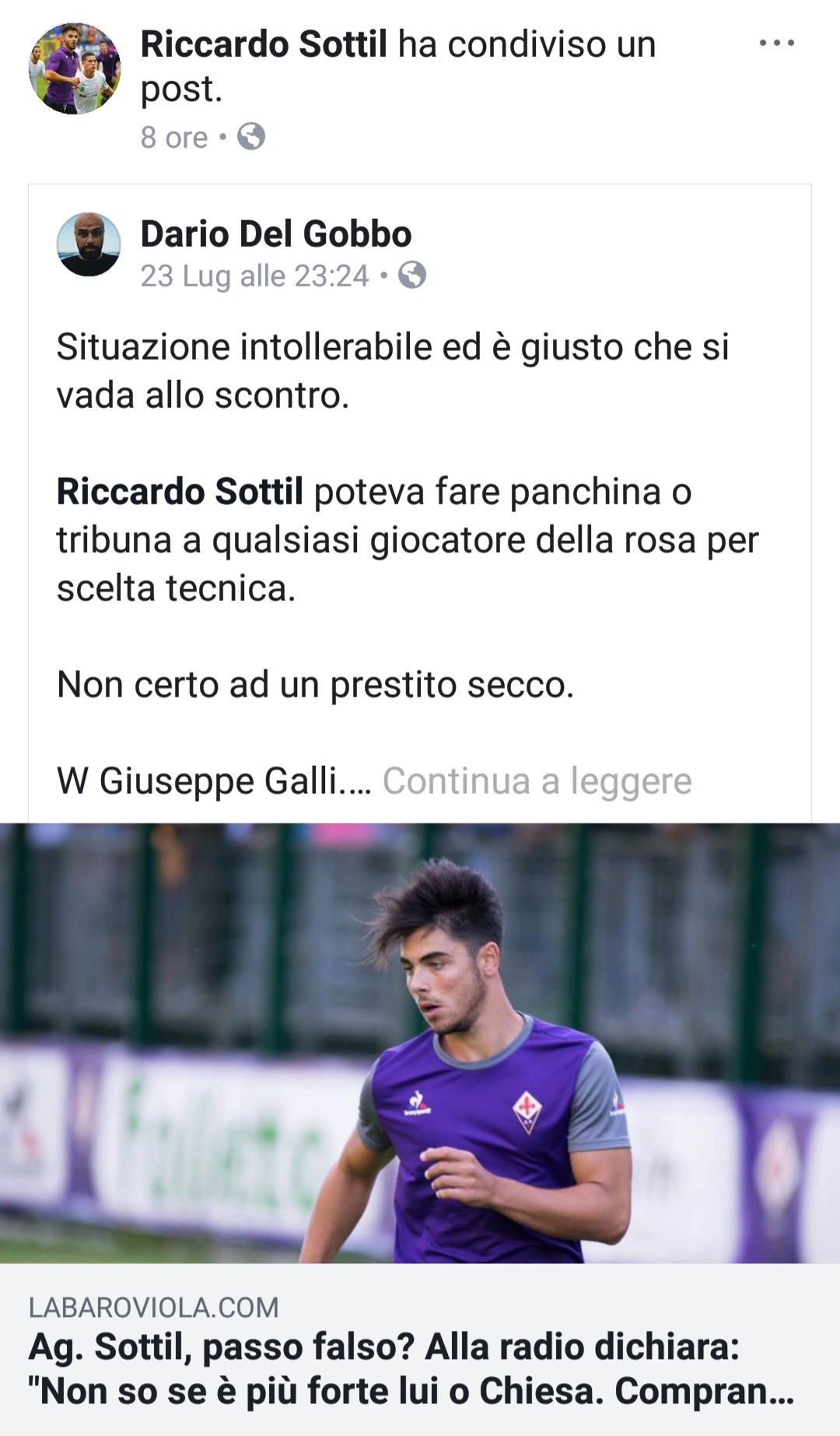 Sottil e le offese condivise alla società viola, ma il profilo è falso. Tifosi viola ingannati su Facebook