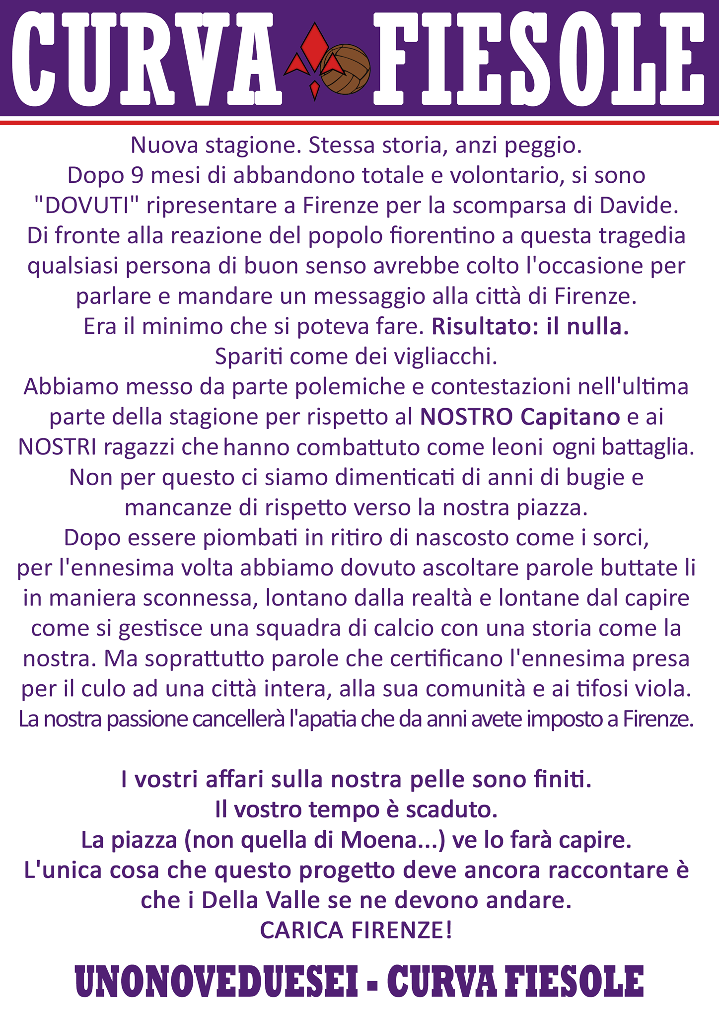 Curva Fiesole: "Parole proprietà prendono in giro i tifosi. Della Valle via da Firenze"