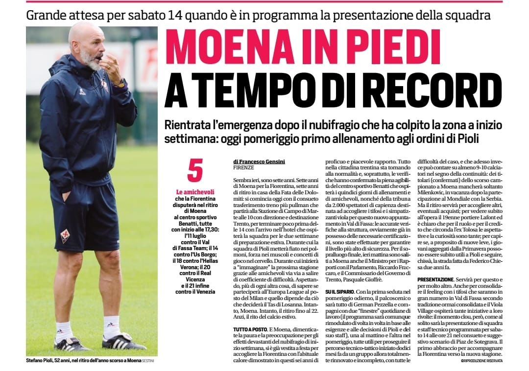 CdS Stadio: oggi la Fiorentina parte per Moena. 5 amichevoli e la consueta presentazione di squadra. Il programma...