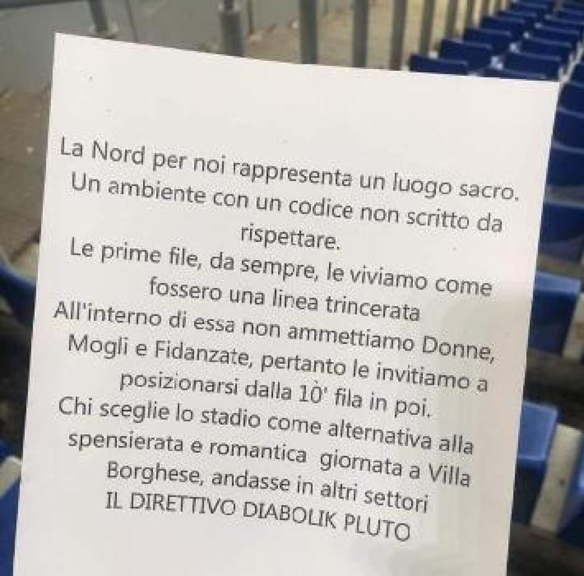 Lazio, volantino shock: "Non vogliamo le donne nelle prime dieci file. Curva luogo sacro" - 