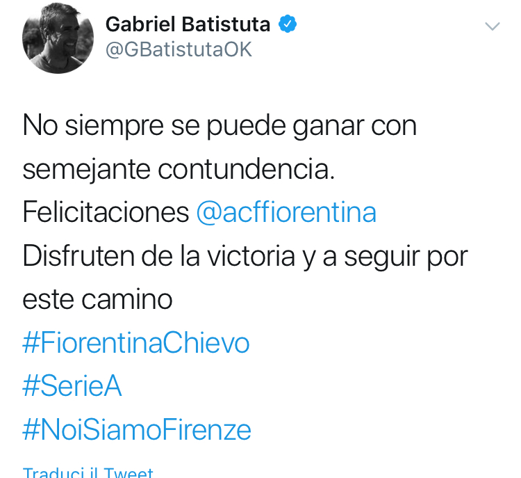 Batistuta su Twitter: “Non sarà sempre possibile vincere con una simile forza. Congratulazioni Fiorentina”