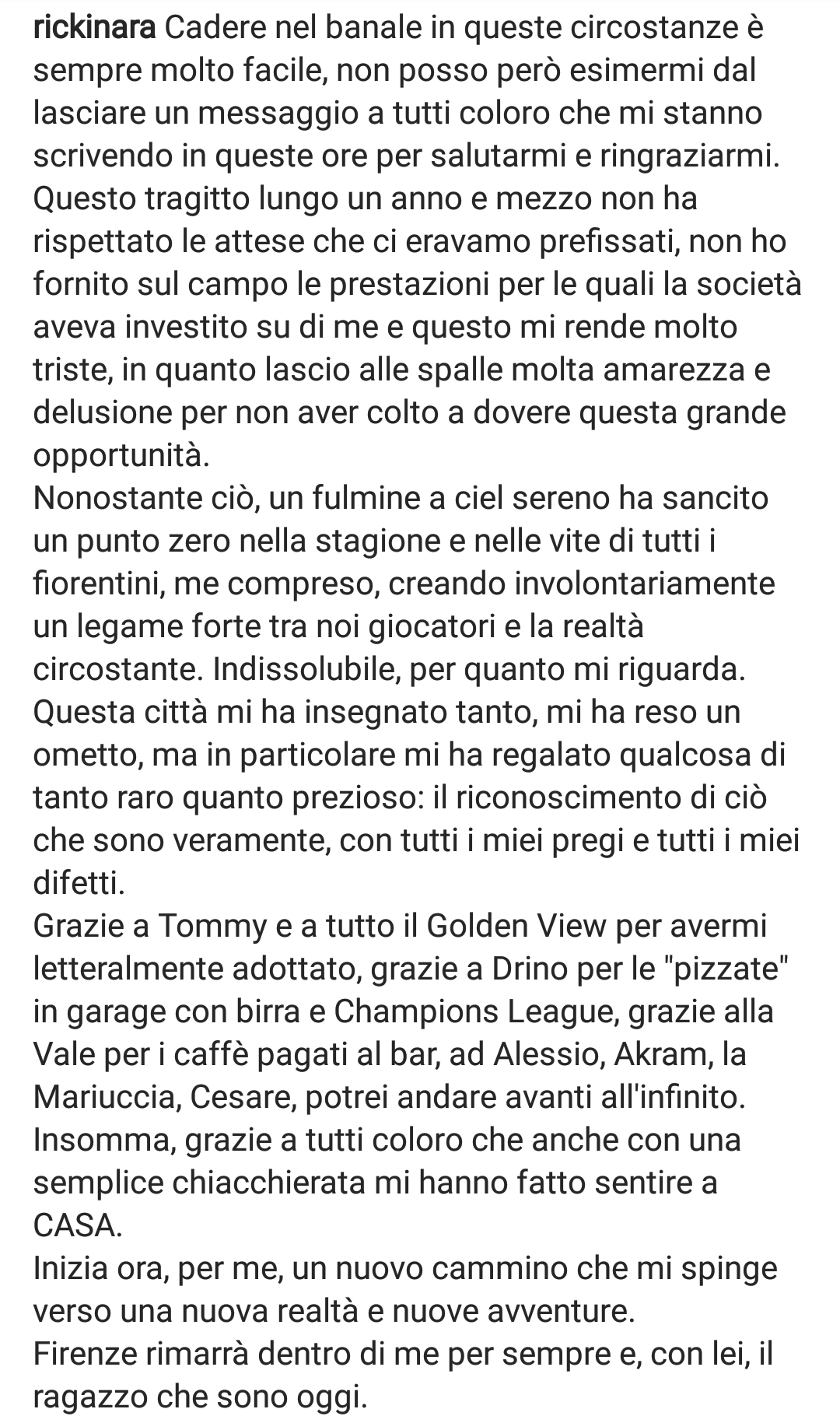 La lettera d'addio di Saponara: "Scusate se non ho reso come volevate. Firenze è stata casa, la tragedia di Astori..."