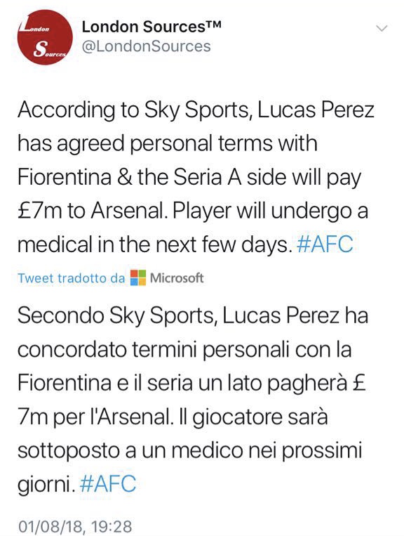 Dall’Inghilterra: Lucas Pérez passa dall’Arsenal alla Fiorentina per 7.5mln. Ala offensiva per Pioli