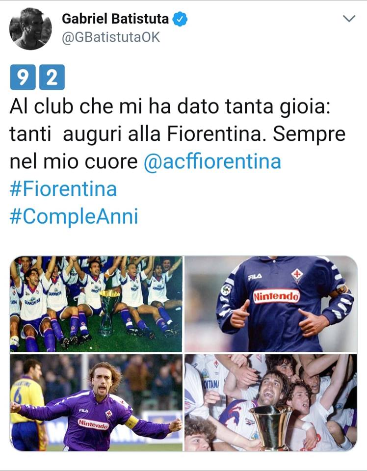 (FOTO) Batistuta: "Tanti auguri Fiorentina, sei sempre nel mio cuore"