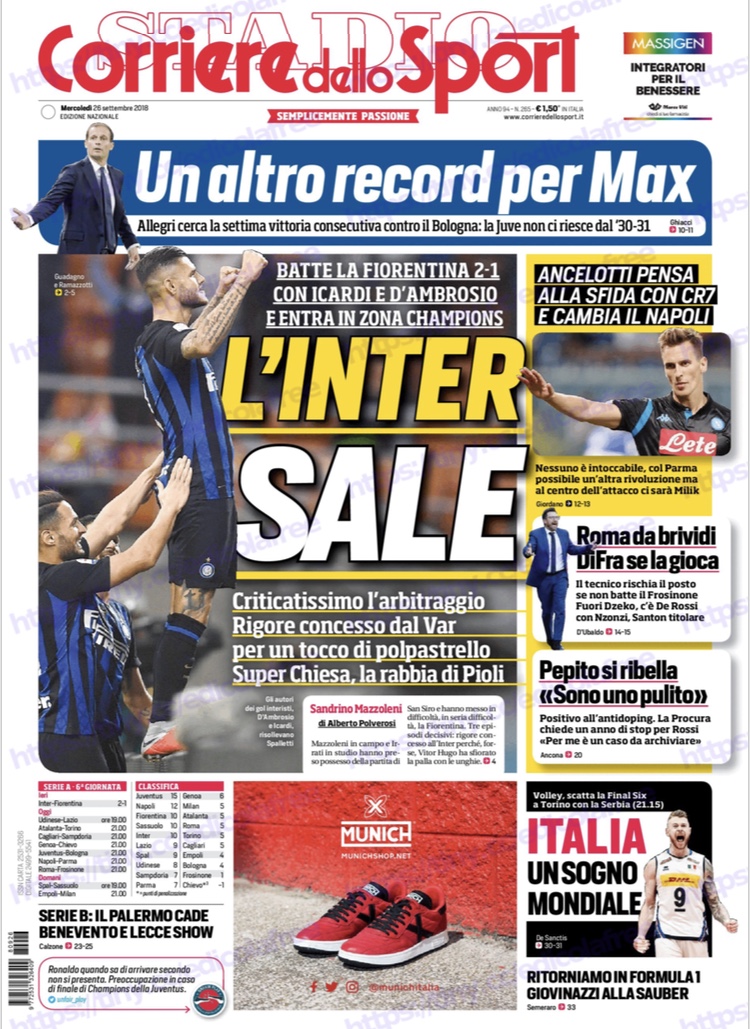 Le prime pagine dei quotidiani sportivi dopo Inter-Fiorentina