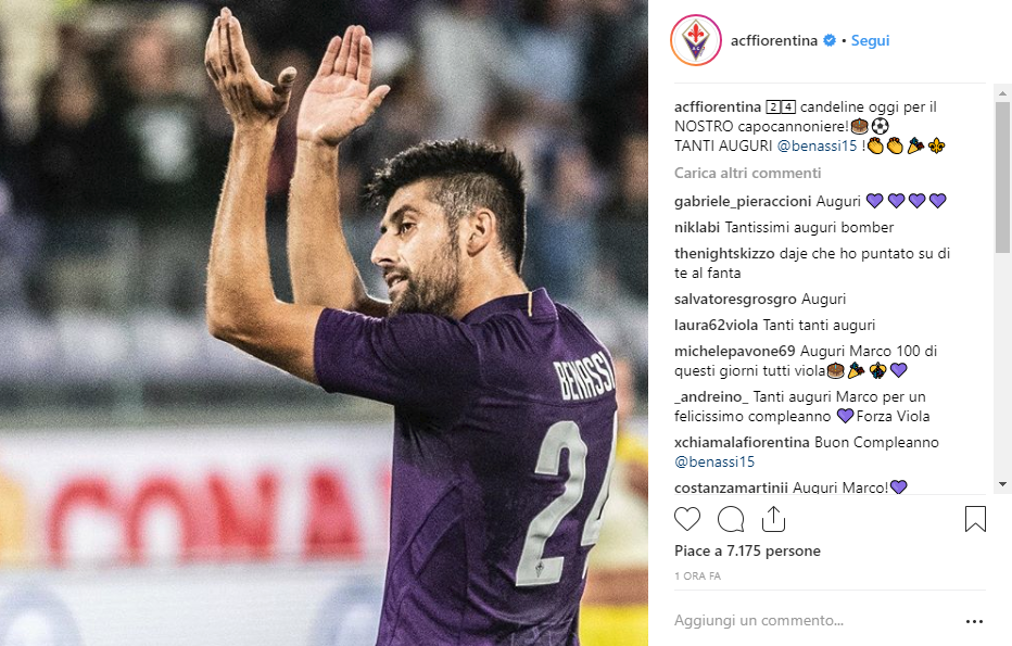 Fiorentina: "Tanti auguri al nostro capocannoniere, auguri Benassi"