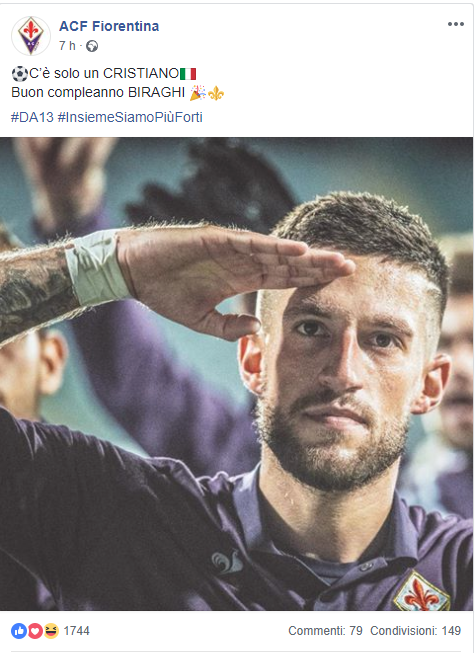 (FOTO) La Fiorentina fa gli auguri a Biraghi sfottendo la Juve: "C'è solo un Cristiano"