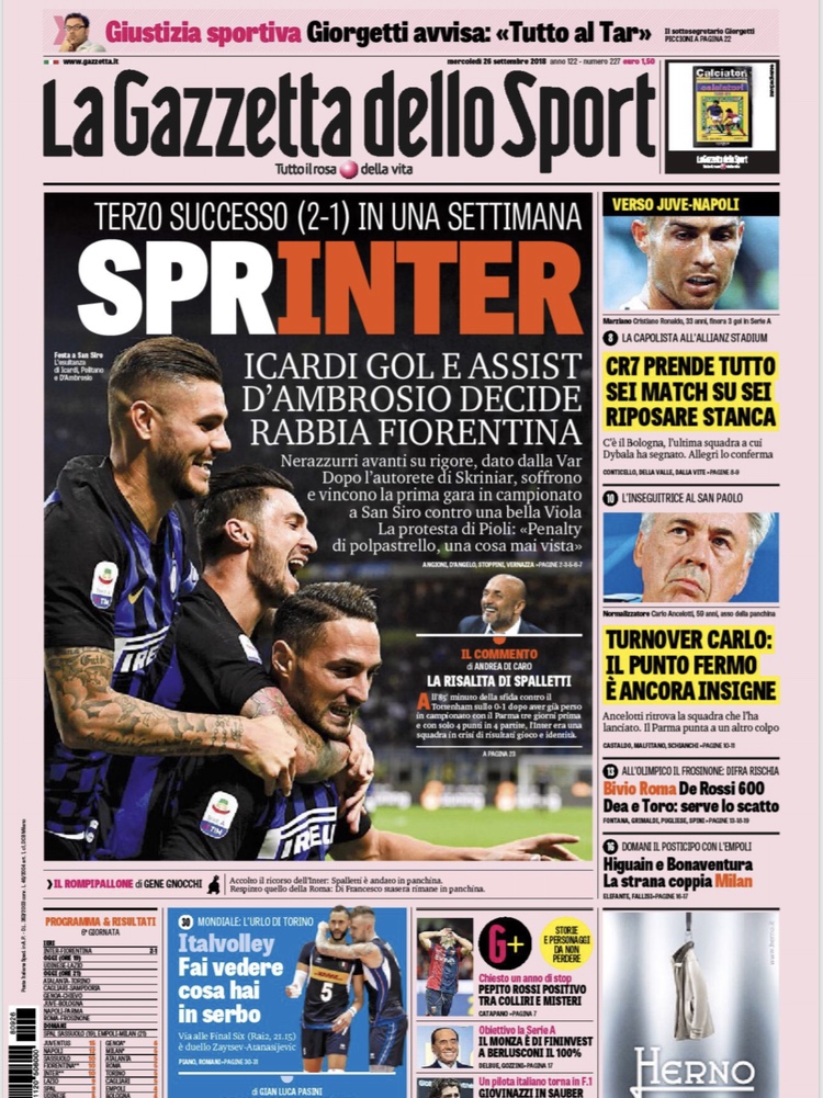 Le prime pagine dei quotidiani sportivi dopo Inter-Fiorentina