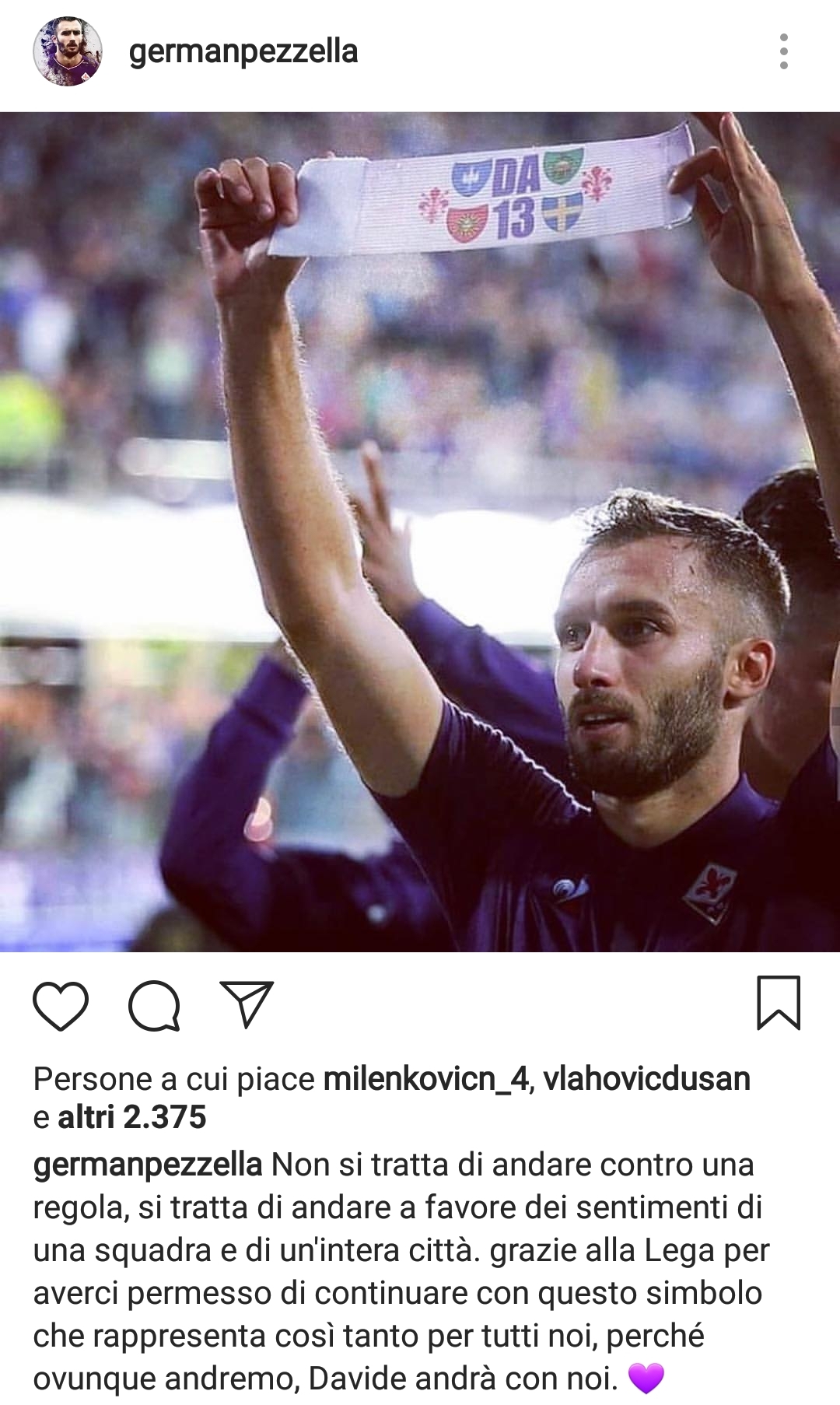Pezzella: "Grazie Lega, a favore dei sentimenti di squadra e città. Davide ovunque con noi"
