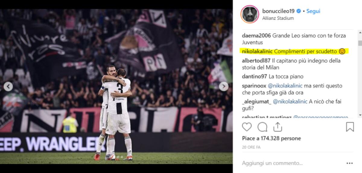 Kalinic prende in giro Bonucci e gufa la Juventus su Instagram: "Complimenti per lo scudetto" - 