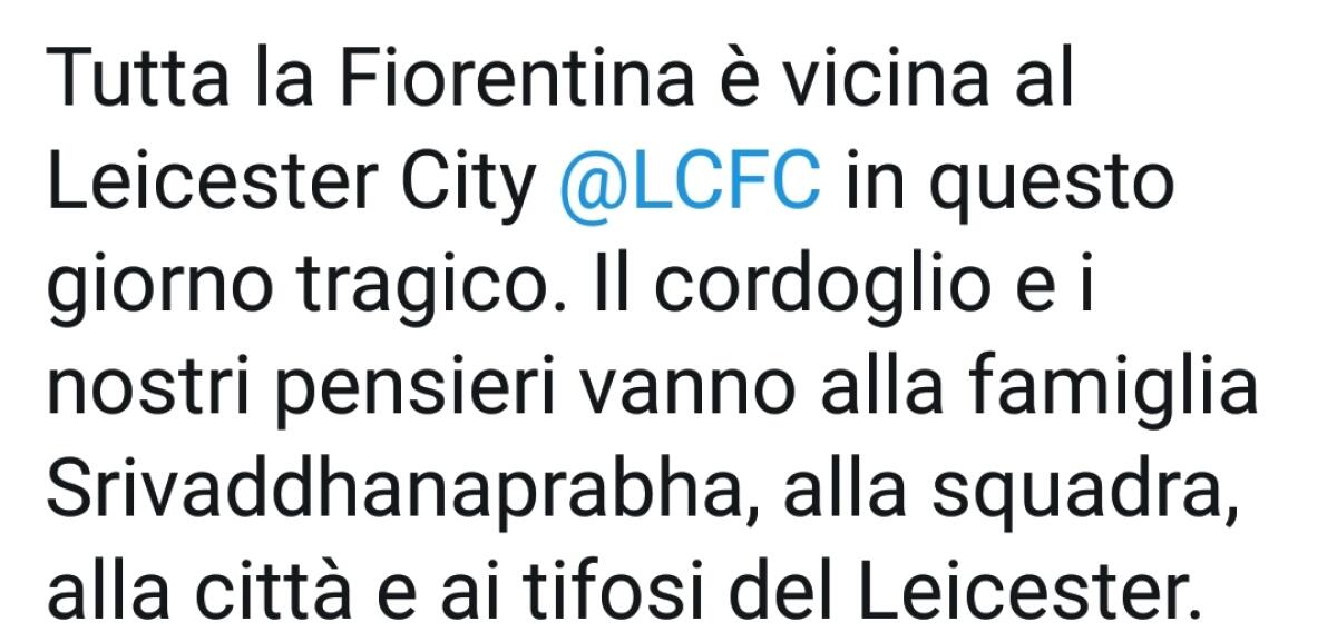 Tragedia Leicester, arriva il messaggio di cordoglio della Fiorentina su Twitter - 