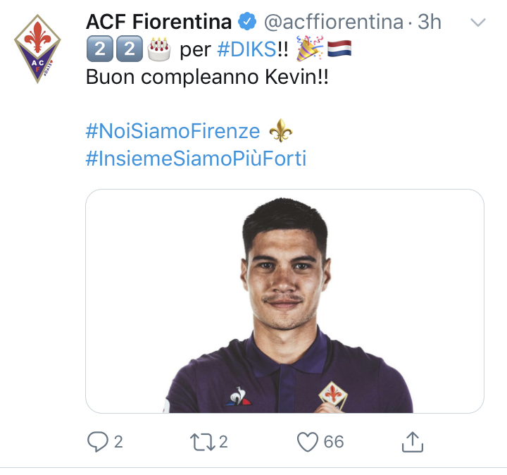 Oggi è il compleanno di Kevin Diks. Questo il tweet della Fiorentina...