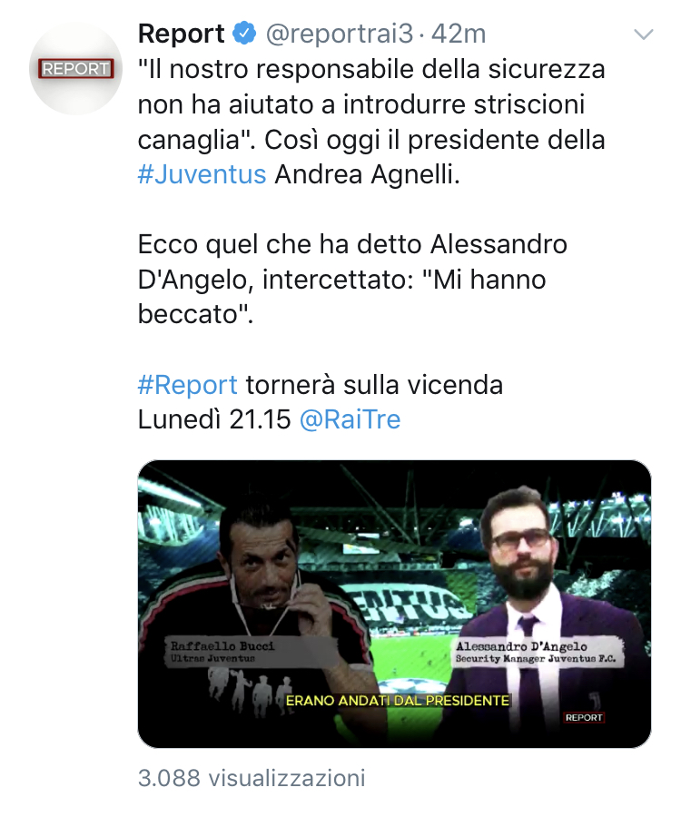 Report lunedì alle 21.15 parlerà ancora della vicenda Juventus. Agnelli: “Il nostro responsabile sicurezza...”