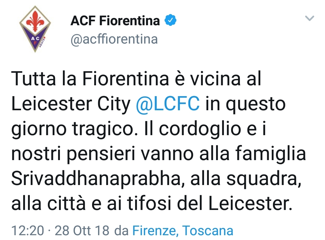 Tragedia Leicester, arriva il messaggio di cordoglio della Fiorentina su Twitter