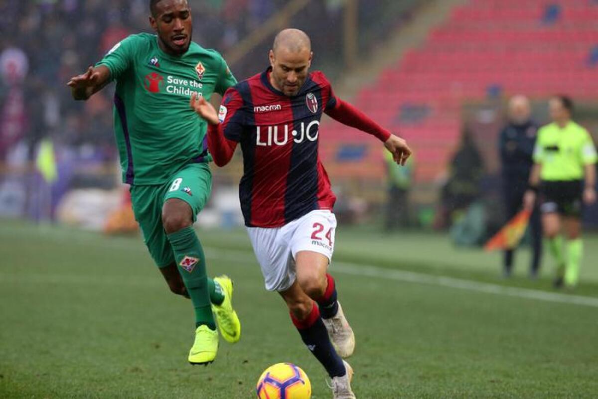 PAGELLE VIOLA: DISASTRO SIMEONE, BENE VERETOUT E MILENKOVIC. CECCHERINI OK - Bologna's Rodrigo Palacio and Fiorentina's Gerson (L) in action during the Italian serie A soccer match Bologna FC vs ACF Fiorentina at "Dall'Ara" stadium in Bologna, Italy, 24 November 2018. ANSA/GIORGIO BENVENUTI