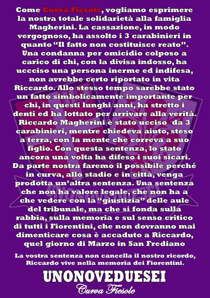 Ira della Fiesole: "Solidarietà alla famiglia Magherini, lo stato ha difeso i suoi sicari"