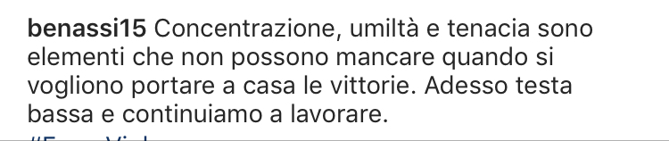 Benassi: “Quando vuoi vincere umiltà e concentrazione non possono mancare”
